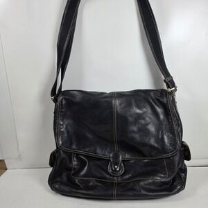Liz Claiborne LC Vintage Black Leather Messenger Crossbody Bag Tan Stitching